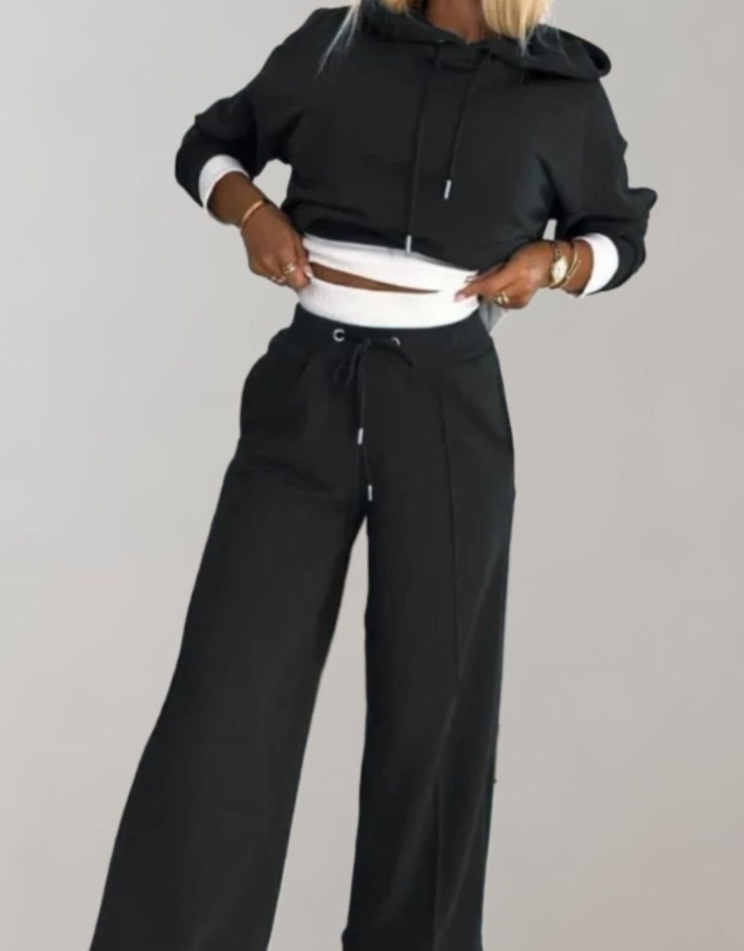 Women 2 Piece Cropped Hoodie Wide-Leg Tracksuit Set