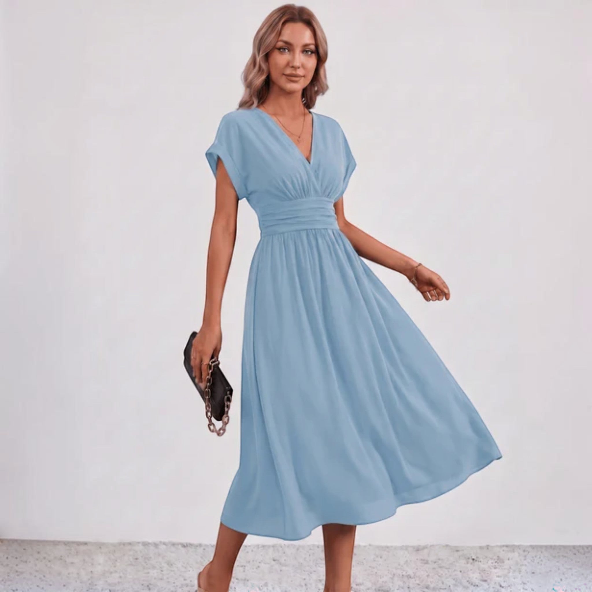 Women Flowy Midi Dress Deep V Ruched Waist Wedding Guest - Image 11