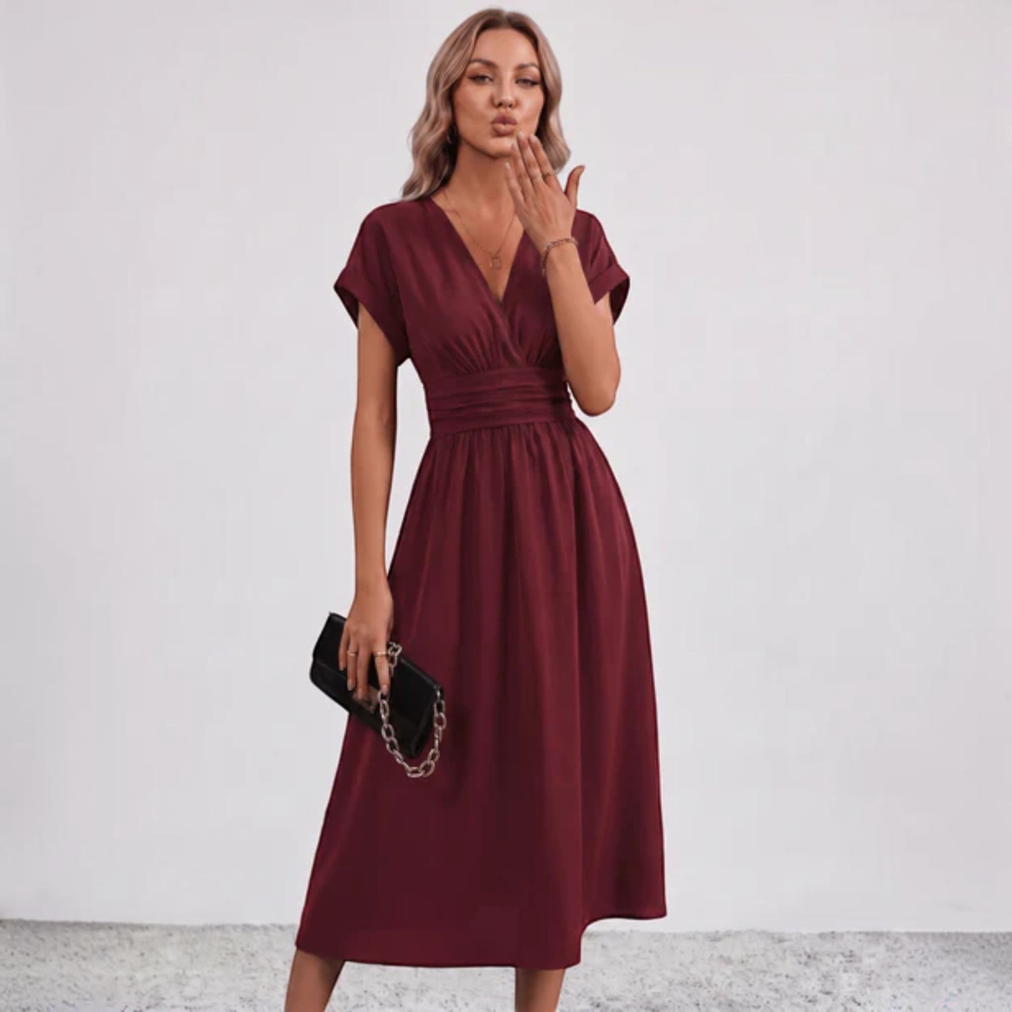 Women Flowy Midi Dress Deep V Ruched Waist Wedding Guest - Image 15