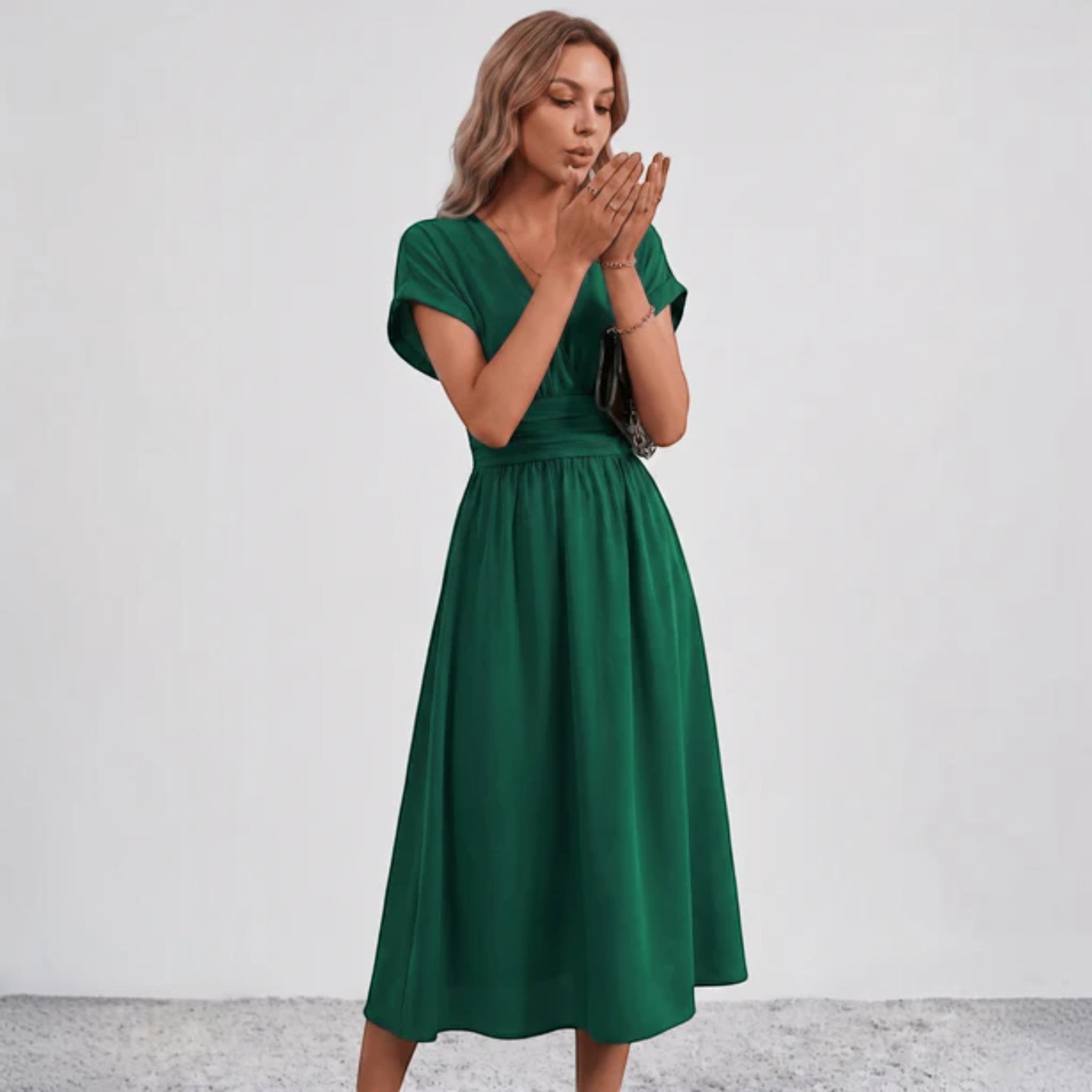 Women Flowy Midi Dress Deep V Ruched Waist Wedding Guest - Image 5