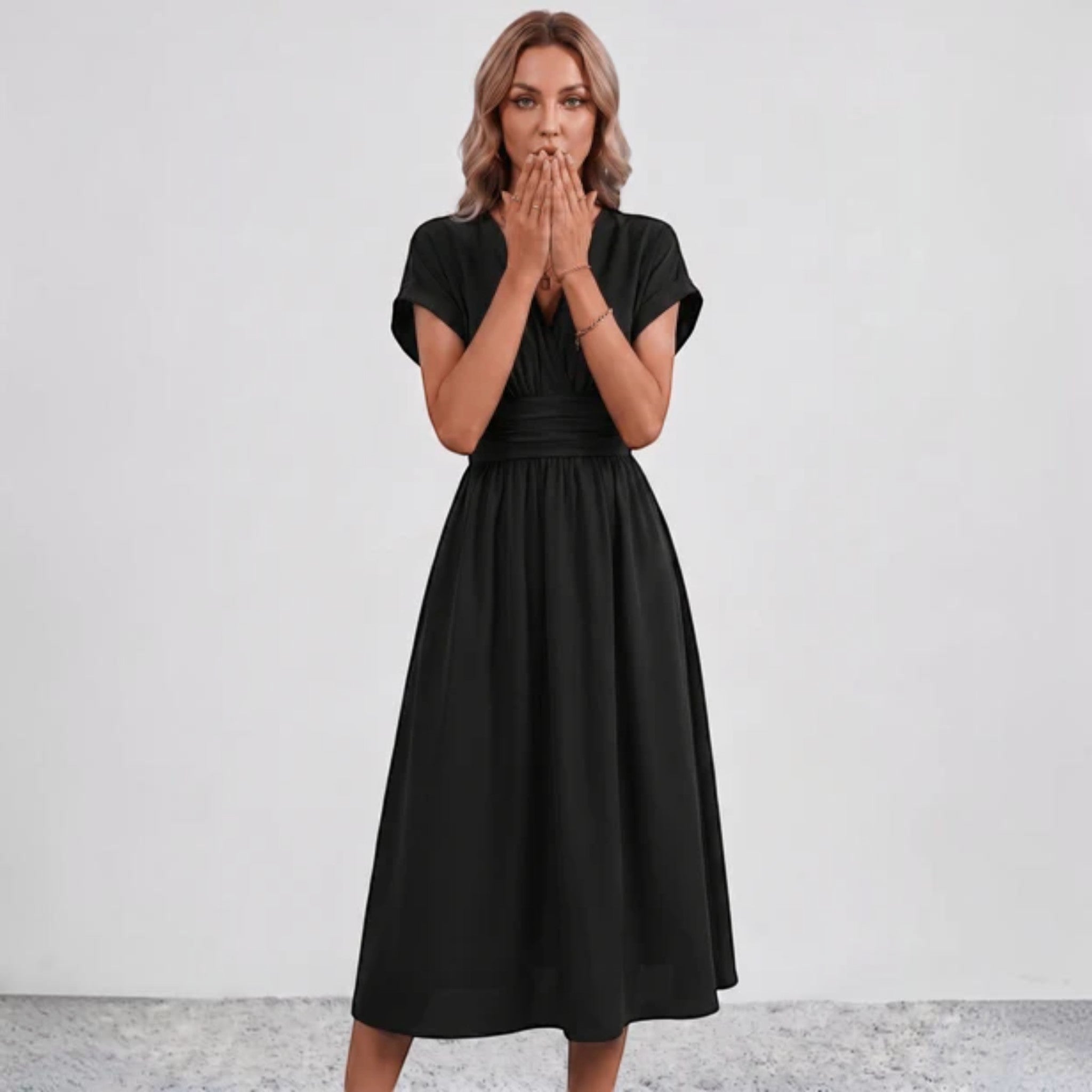 Women Flowy Midi Dress Deep V Ruched Waist Wedding Guest - Image 7