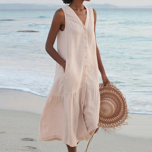 Women Sleeveless V-Neck Button Front Midi Dress