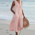 Women Sleeveless V-Neck Button Front Midi Dress - Image 4