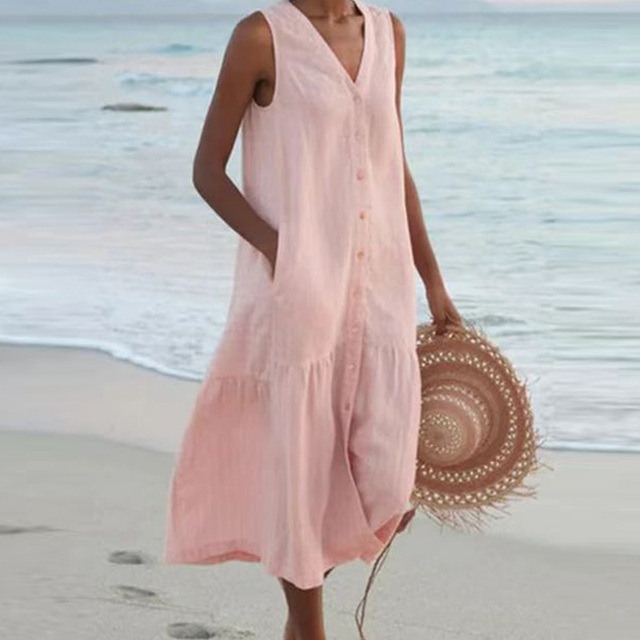 Women Sleeveless V-Neck Button Front Midi Dress - Image 4