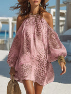 Women Bohemian Leopard Print Cold Shoulder Balloon Sleeve Mini Dress - Image 7