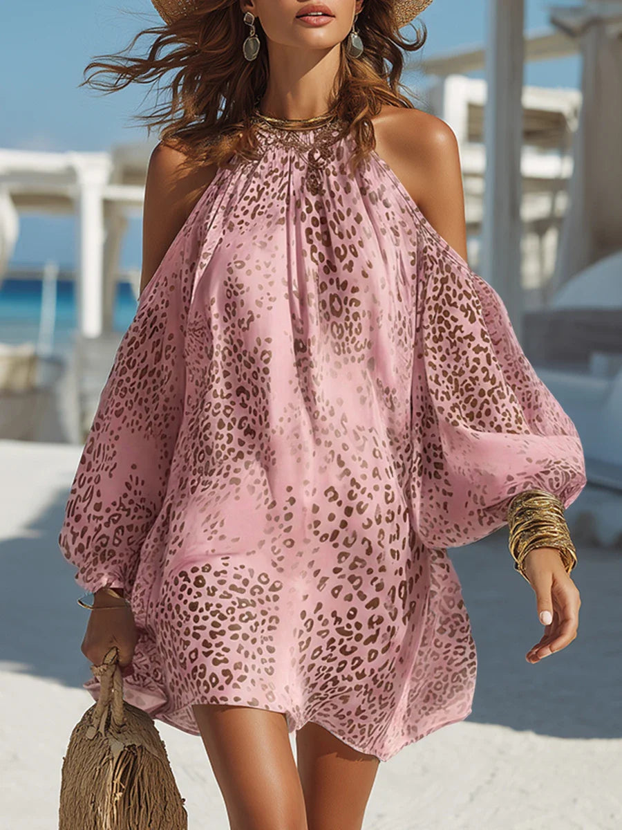 Women Bohemian Leopard Print Cold Shoulder Balloon Sleeve Mini Dress - Image 7
