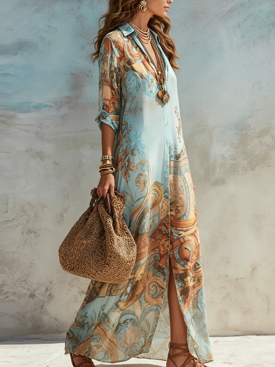 Women Blue Printed Chiffon Shirt Dress - Image 4