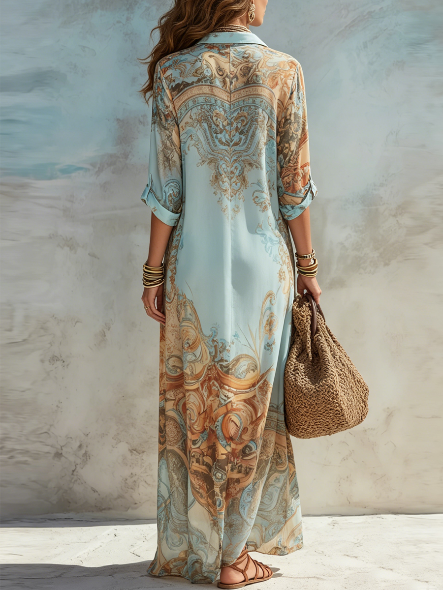 Women Chiffon Printed Shirt Collar Maxi Dress - Image 5