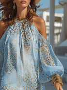 Women Bohemian Leopard Print Cold Shoulder Balloon Sleeve Mini Dress - Image 4