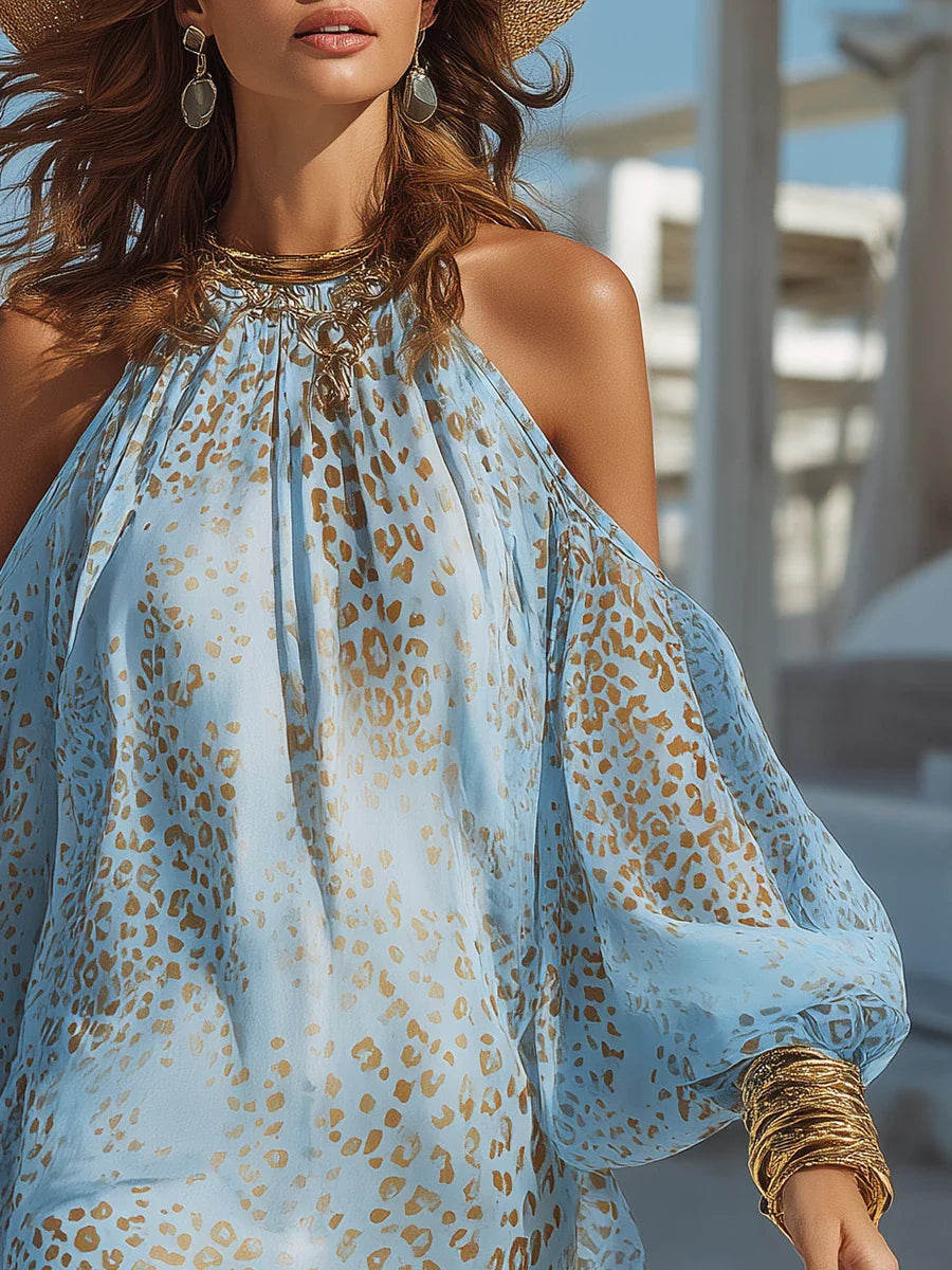 Women Bohemian Leopard Print Cold Shoulder Balloon Sleeve Mini Dress - Image 4