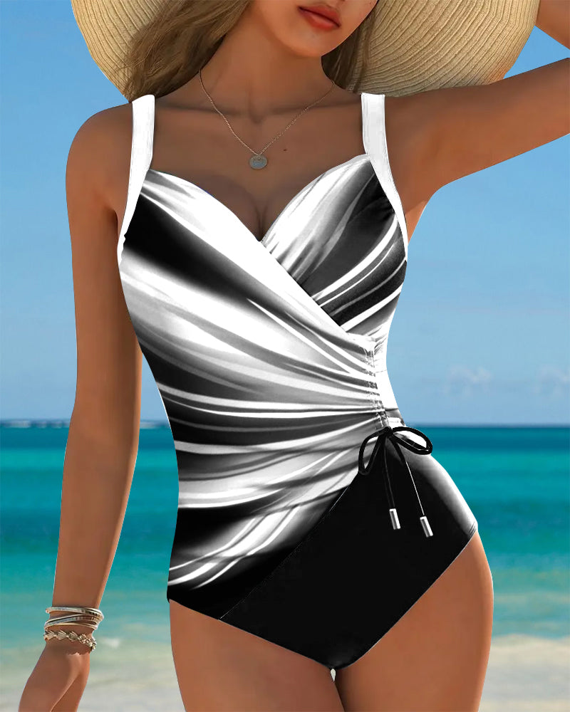 Women Lace Up Color Block One Piece Swimsuit - Image 3