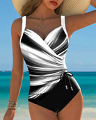 Women Lace Up Color Block One Piece Swimsuit - Image 3