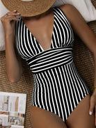 Women Striped Flattering One Piece Swimsuit Tummy Control