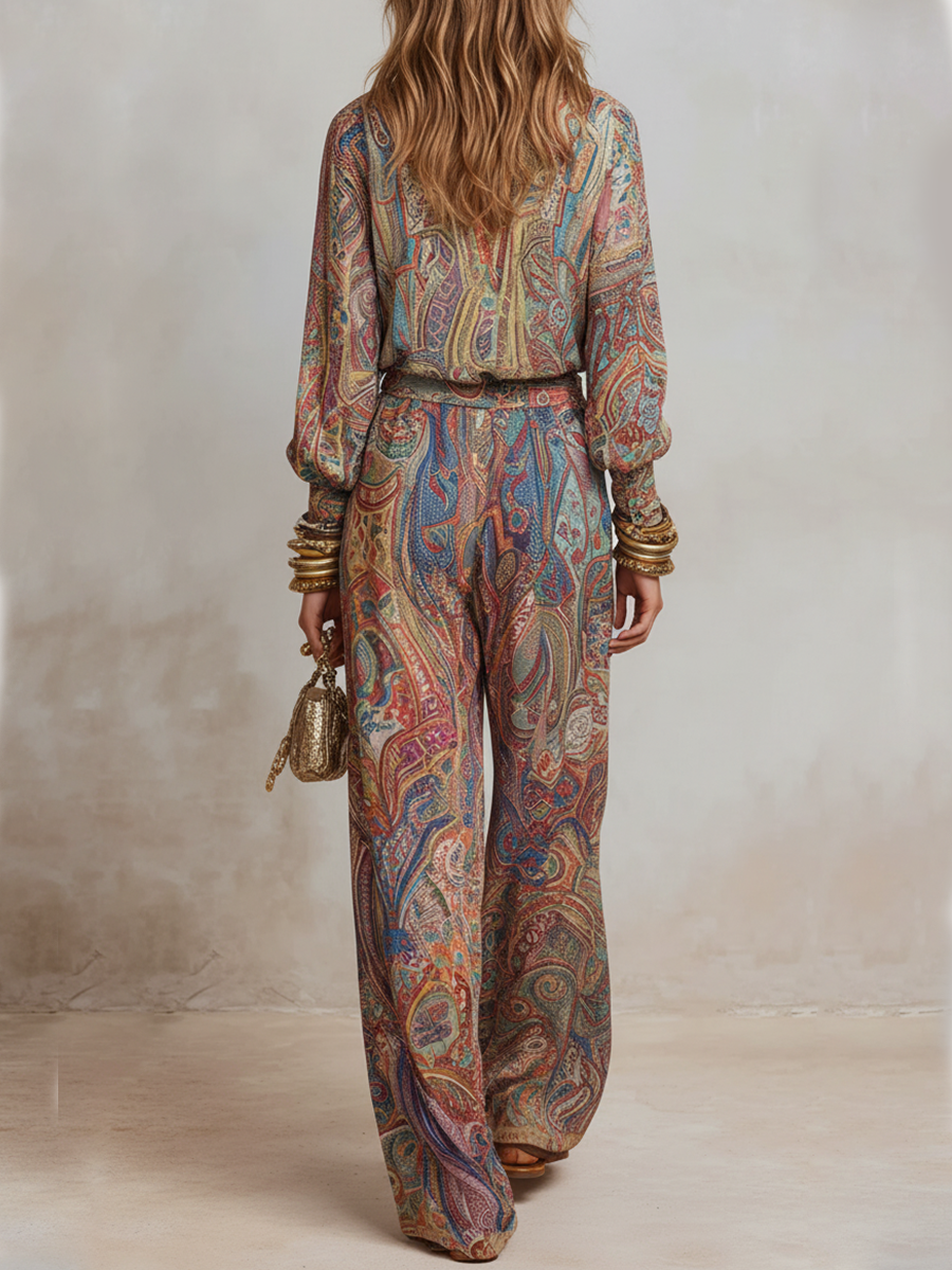 Women Paisley Print Wide Leg Pants Set - Image 2