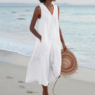 Women Sleeveless V-Neck Button Front Midi Dress - Image 3