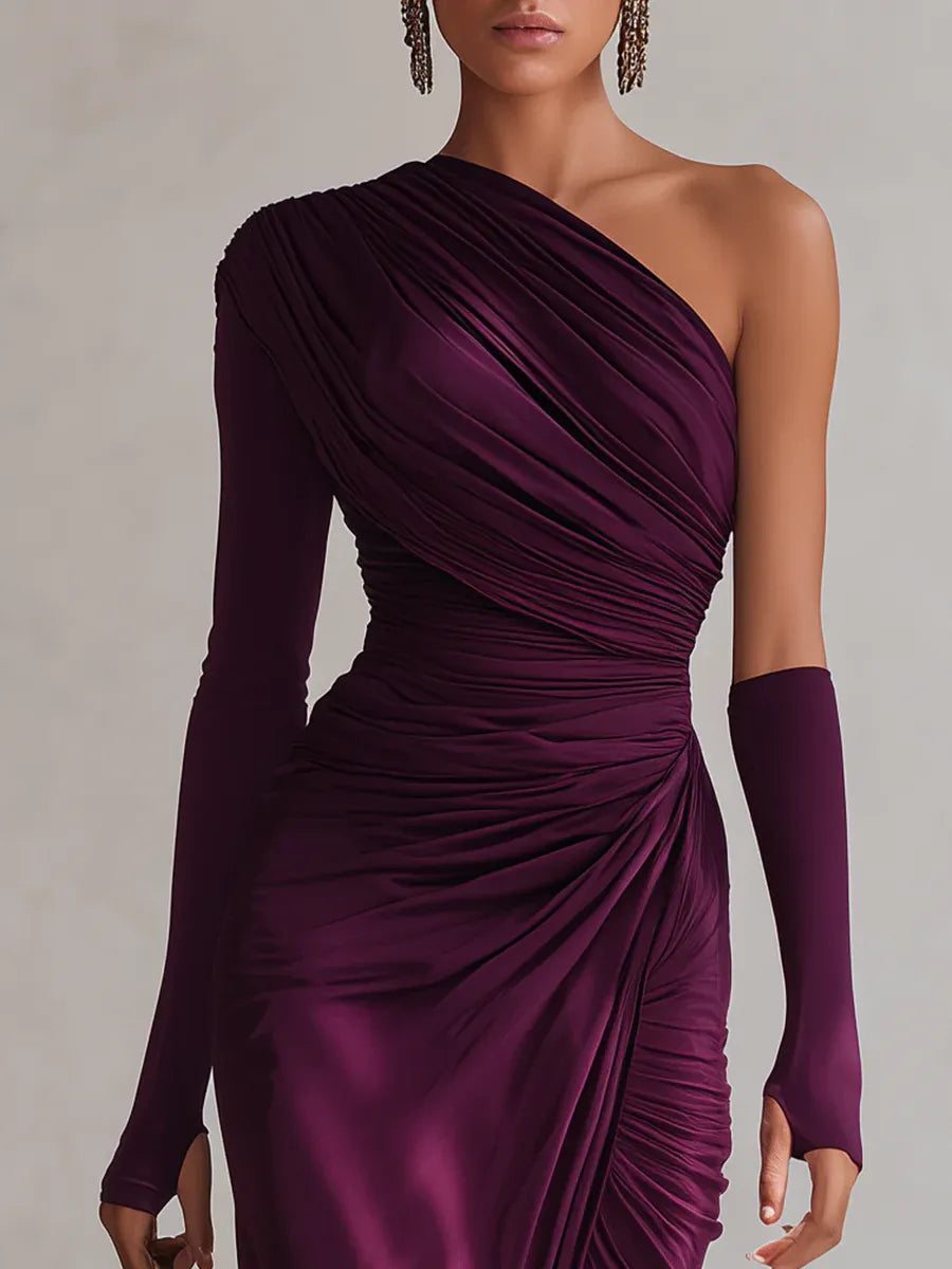 Women One Shoulder Ruched Formal Maxi Dress - Image 2