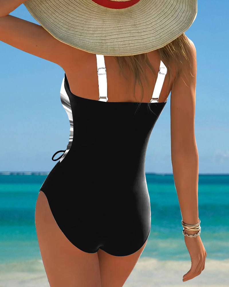 Women Lace Up Color Block One Piece Swimsuit - Image 8