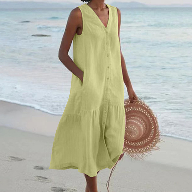 Women Sleeveless V-Neck Button Front Midi Dress - Image 6