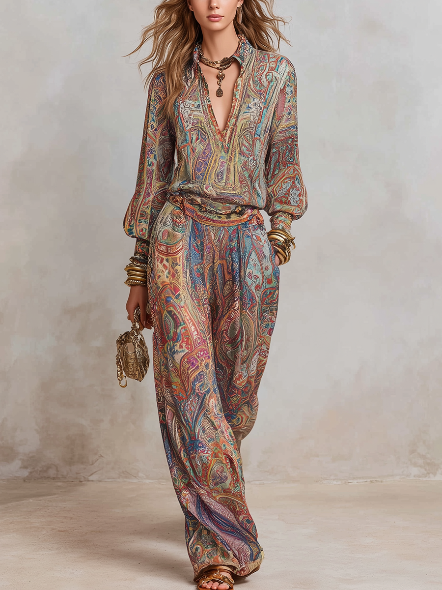 Women Paisley Print Wide Leg Pants Set