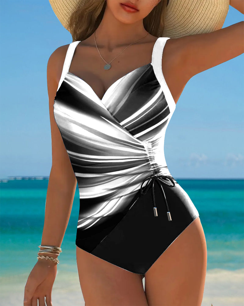 Women Lace Up Color Block One Piece Swimsuit - Image 11