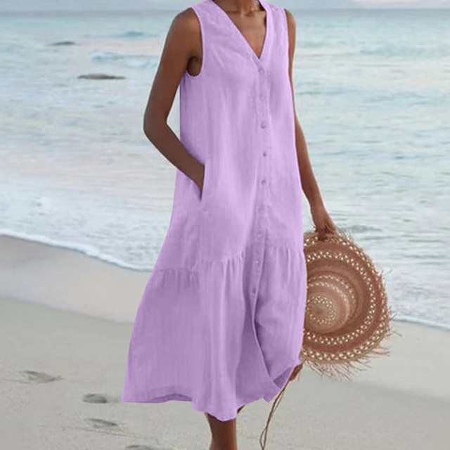 Women Sleeveless V-Neck Button Front Midi Dress - Image 7