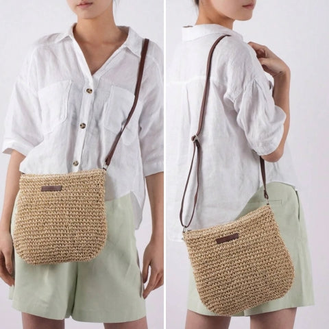 Women Straw Shoulder Bag Vegan Leather Strap - Image 3