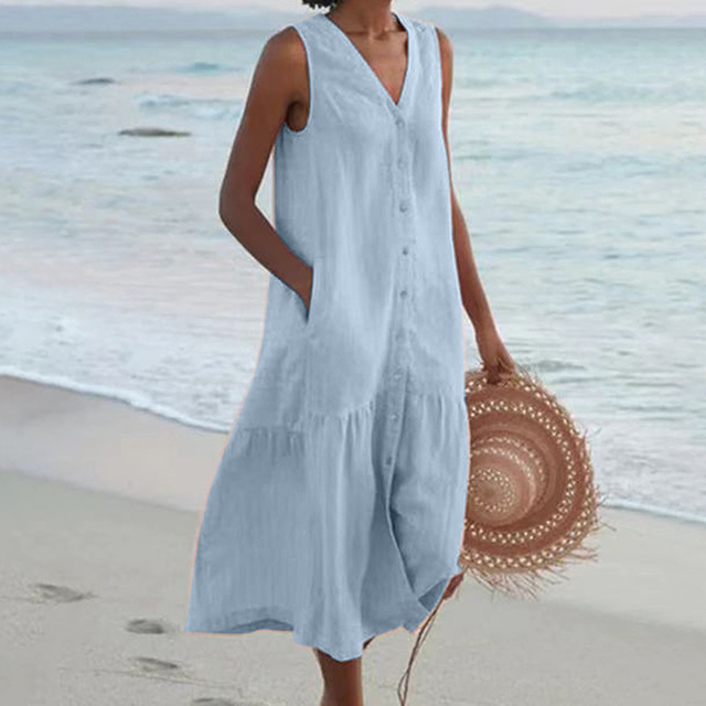 Women Sleeveless V-Neck Button Front Midi Dress - Image 2