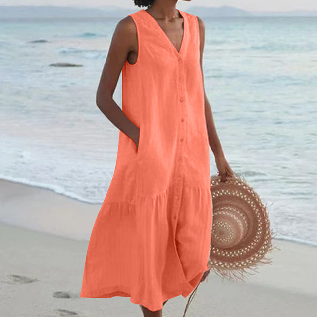 Women Sleeveless V-Neck Button Front Midi Dress - Image 5