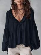 Women Ruffle Boho Blouse Long Sleeve Vintage Inspired White - Image 2