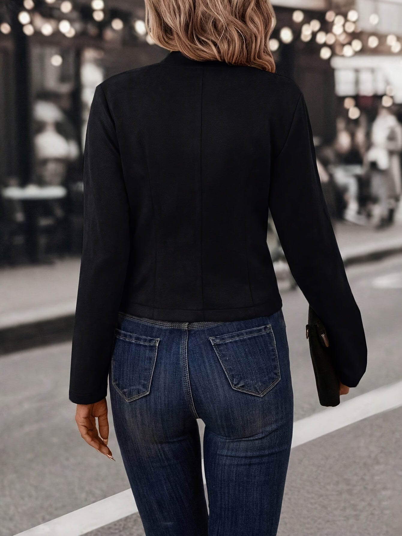 Women Faux Suede Double-Breasted Open Front Blazer - Image 7