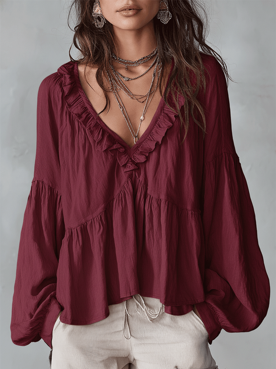 Women Ruffle Boho Blouse Long Sleeve Vintage Inspired White - Image 6