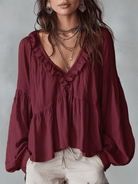Women Ruffle Boho Blouse Long Sleeve Vintage Inspired White - Image 6
