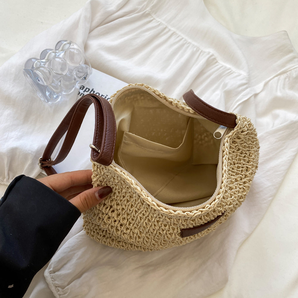 Women Straw Shoulder Bag Vegan Leather Strap - Image 6