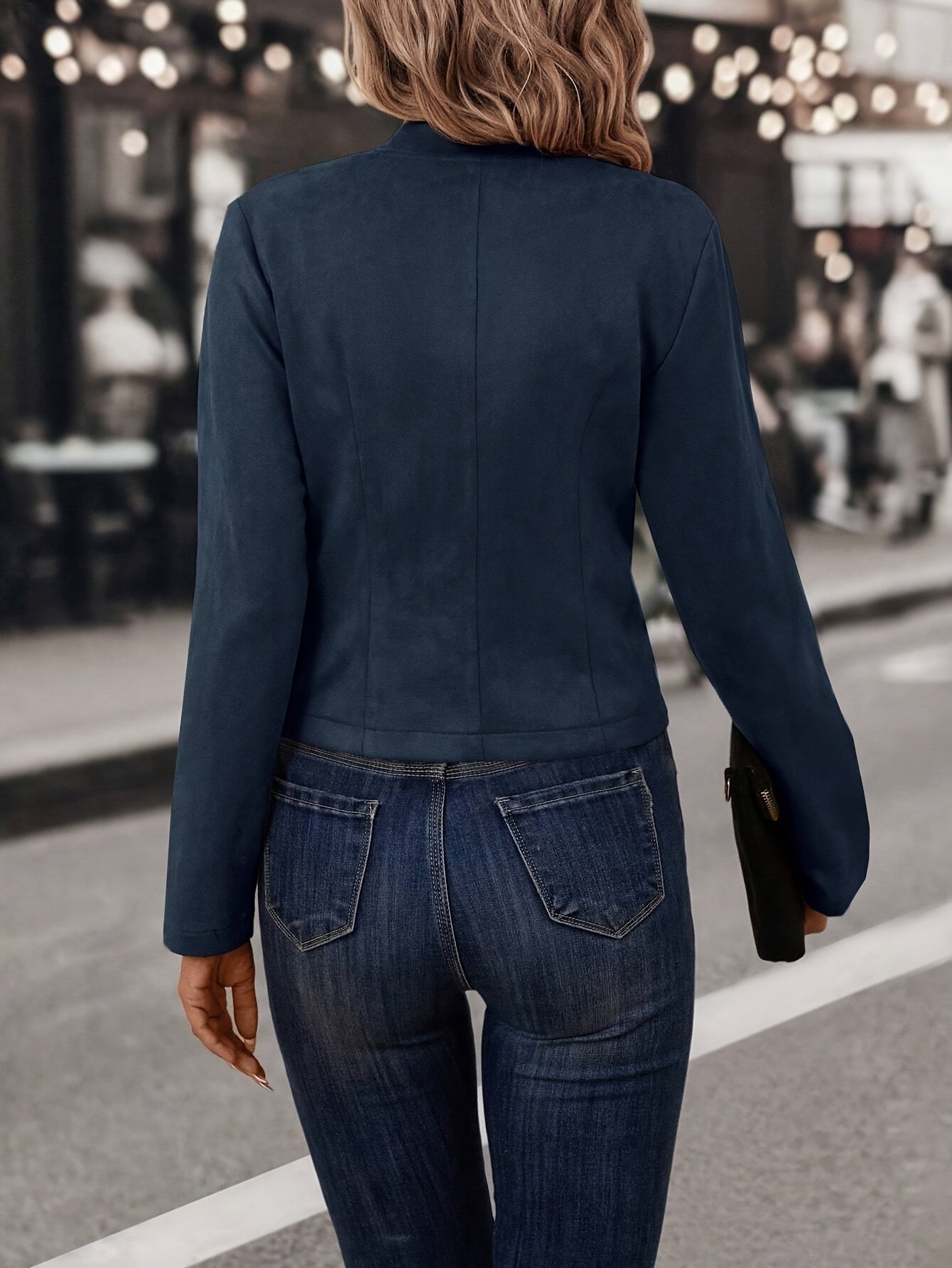 Women Faux Suede Double-Breasted Open Front Blazer - Image 6