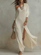 Women Ivory One Shoulder Textured Maxi Dress Bohemian