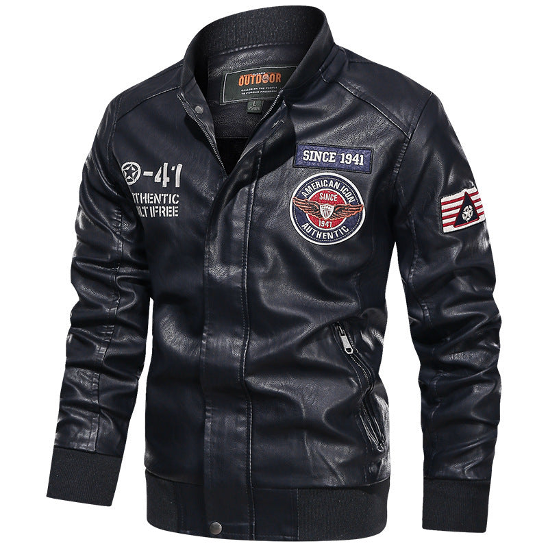 Men's Bomber Jacket with Embroidered Patches and Zip Pockets