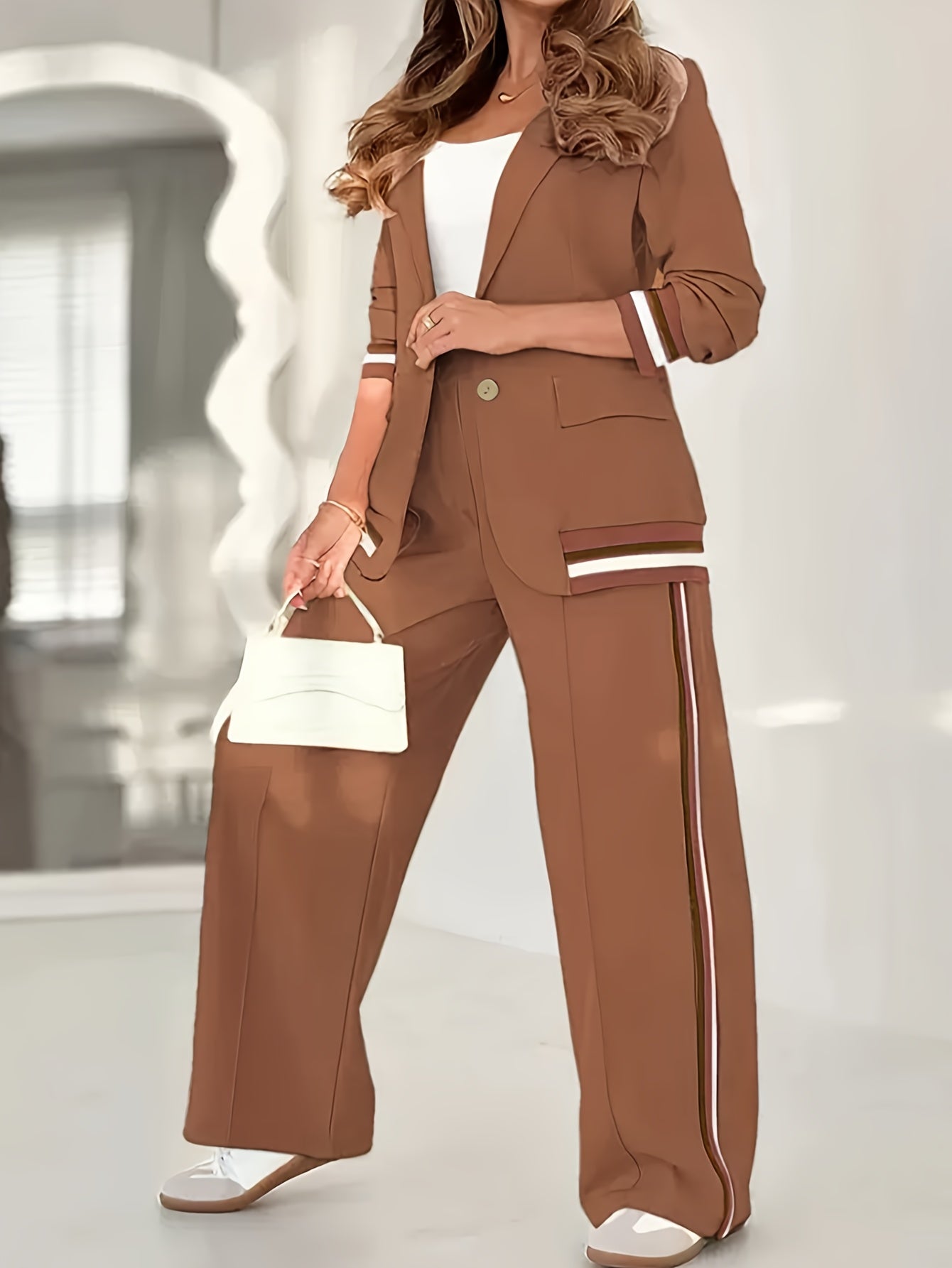 Women 2 Piece Striped Blazer Pants Set Tailored Co-ord