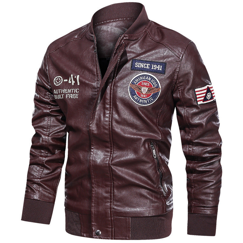 Men's Bomber Jacket with Embroidered Patches and Zip Pockets