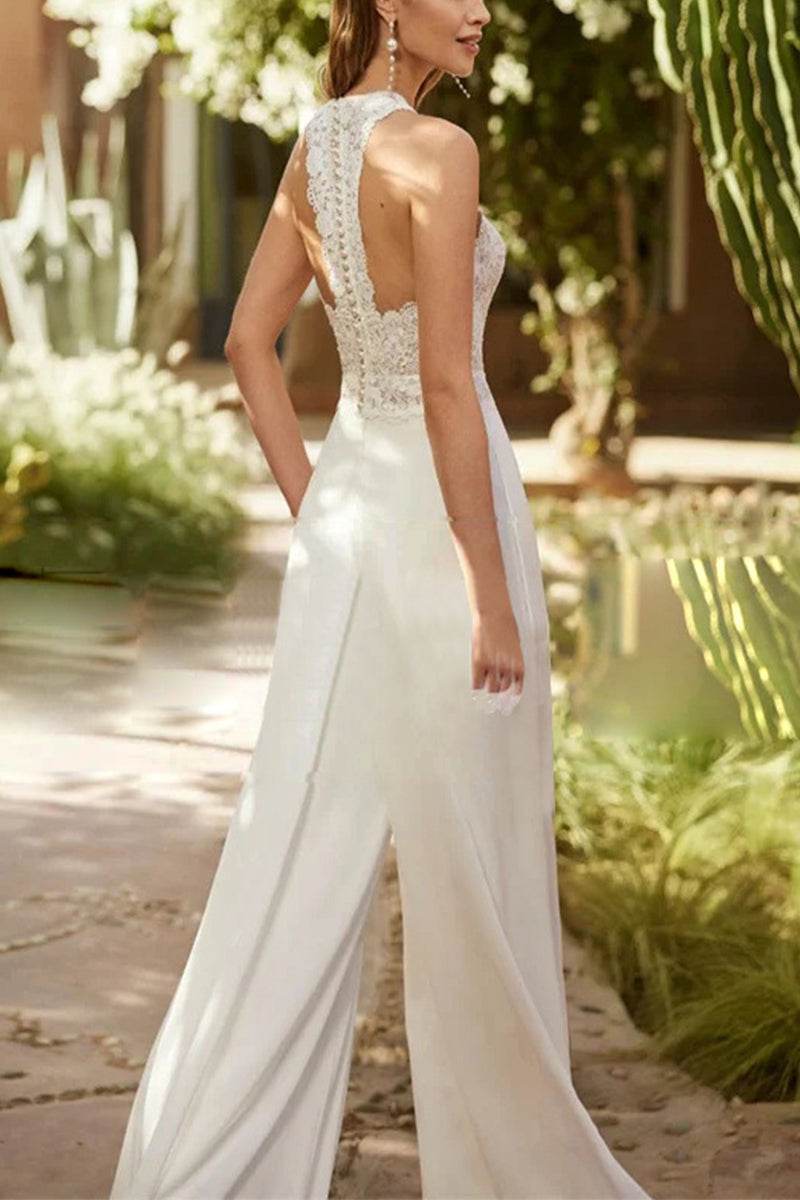 Women Halter Floor Length Bridal Jumpsuit Wide Leg Wedding - Image 2