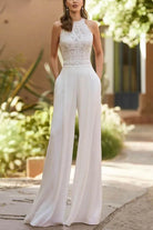 Women Halter Floor Length Bridal Jumpsuit Wide Leg Wedding
