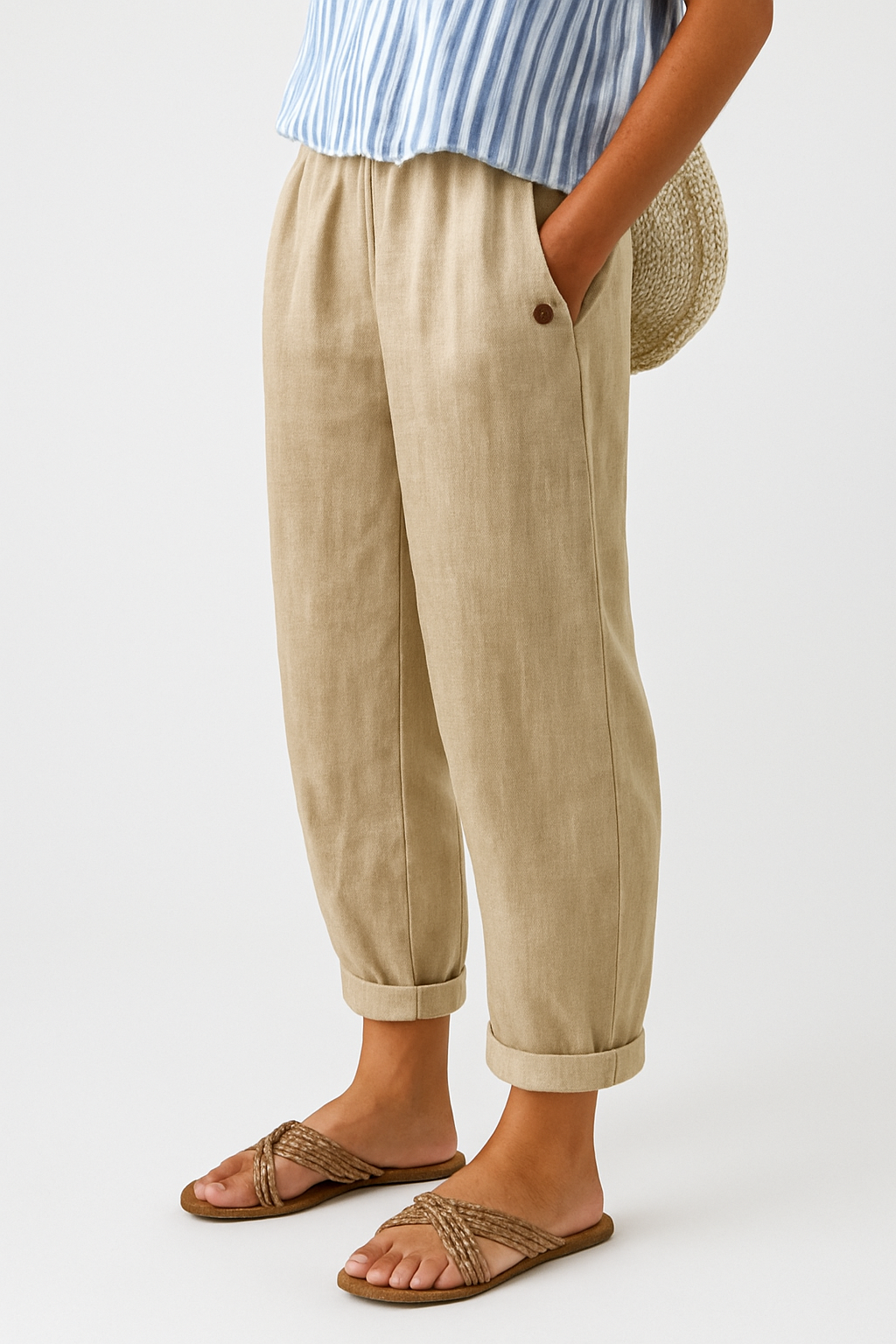 Women Linen Cropped Relaxed Fit Pull-On Pants