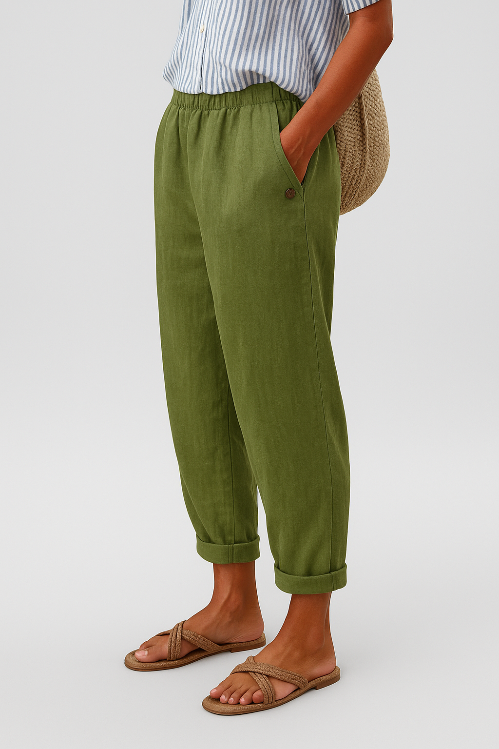 Women Linen Cropped Relaxed Fit Pull-On Pants - Image 2