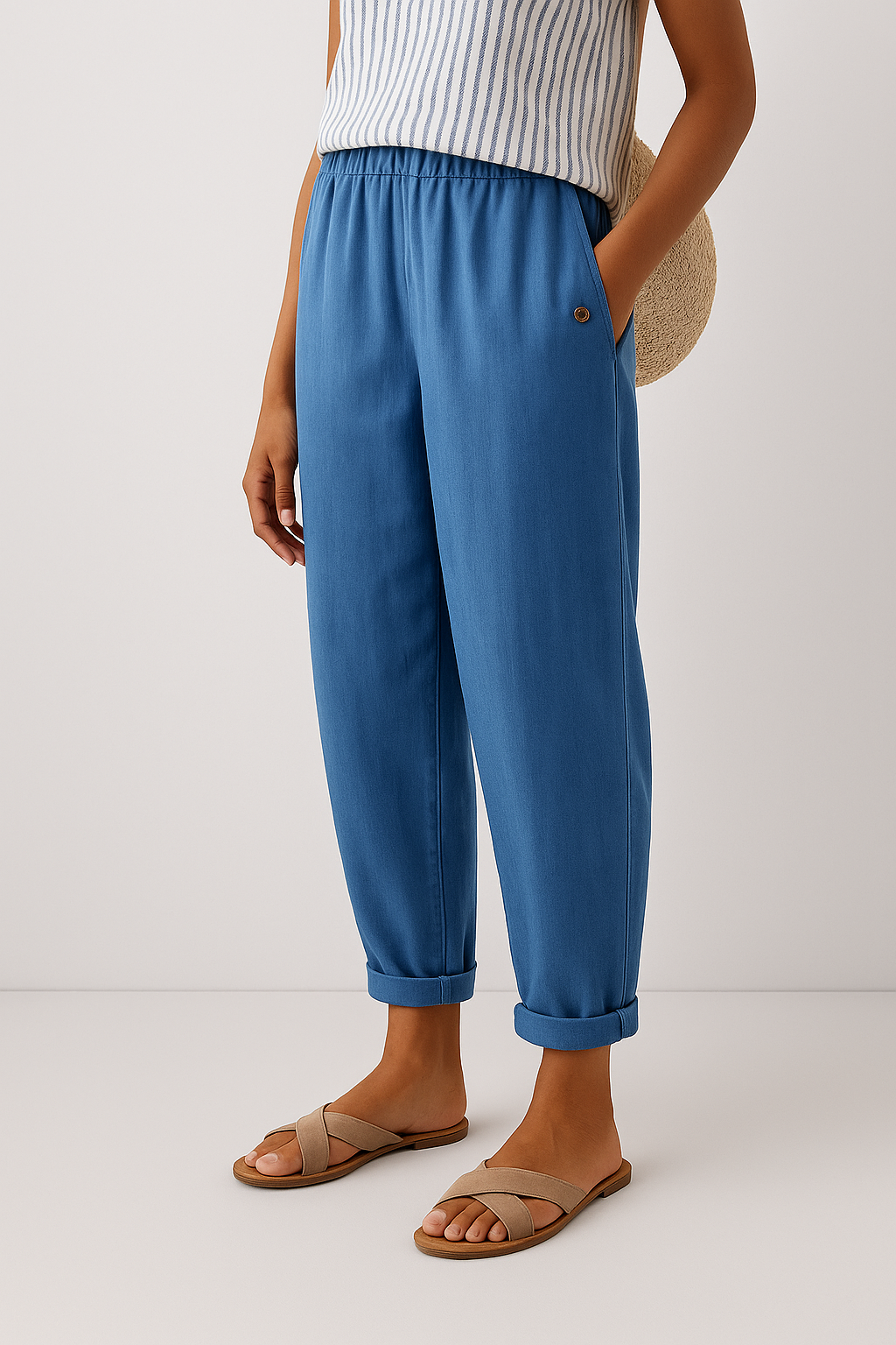 Women Linen Cropped Relaxed Fit Pull-On Pants - Image 3