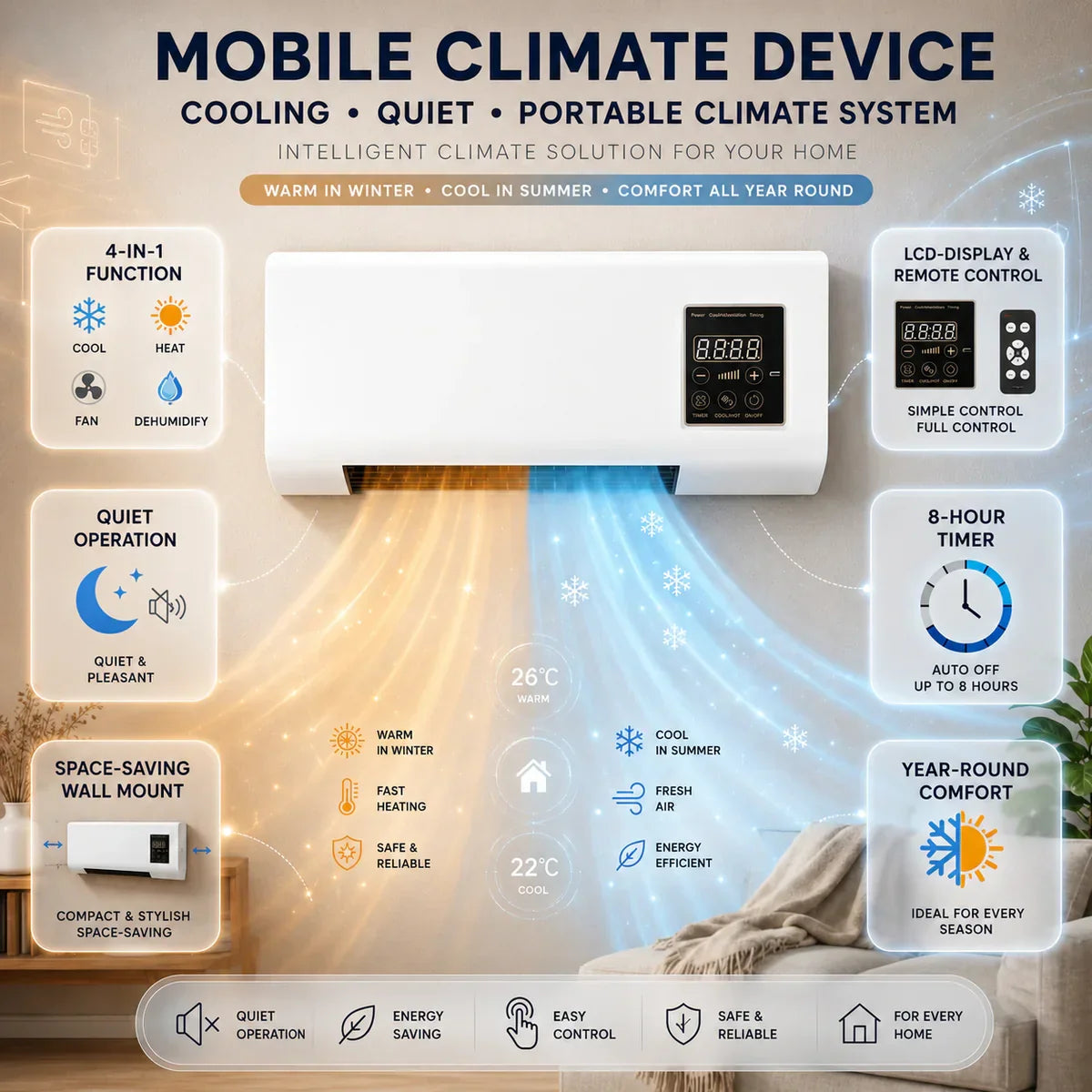 Portable Wall Air Conditioner 4-in-1 Cooling Heating Fan Dehumidifier LCD - Image 4