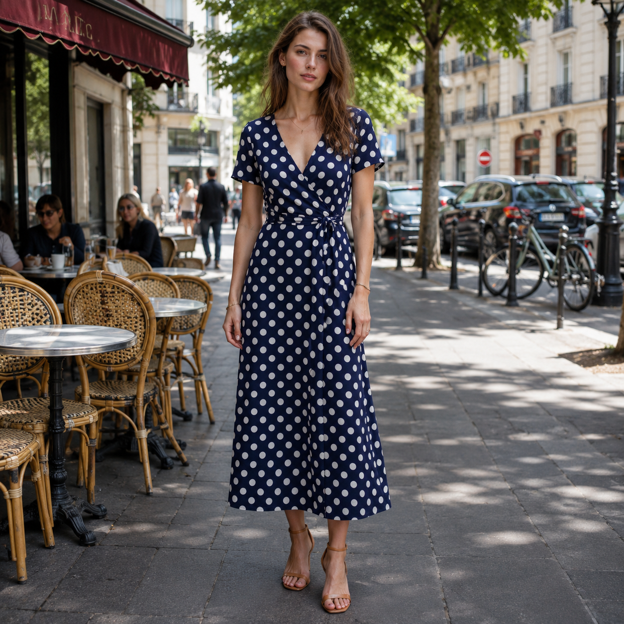 Women Polka Dot Midi Dress Tie Waist Flowy