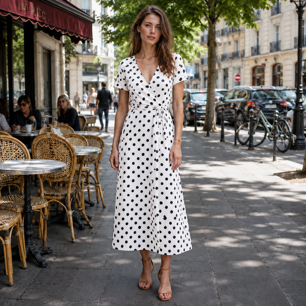 Women Polka Dot Midi Dress Tie Waist Flowy - Image 2