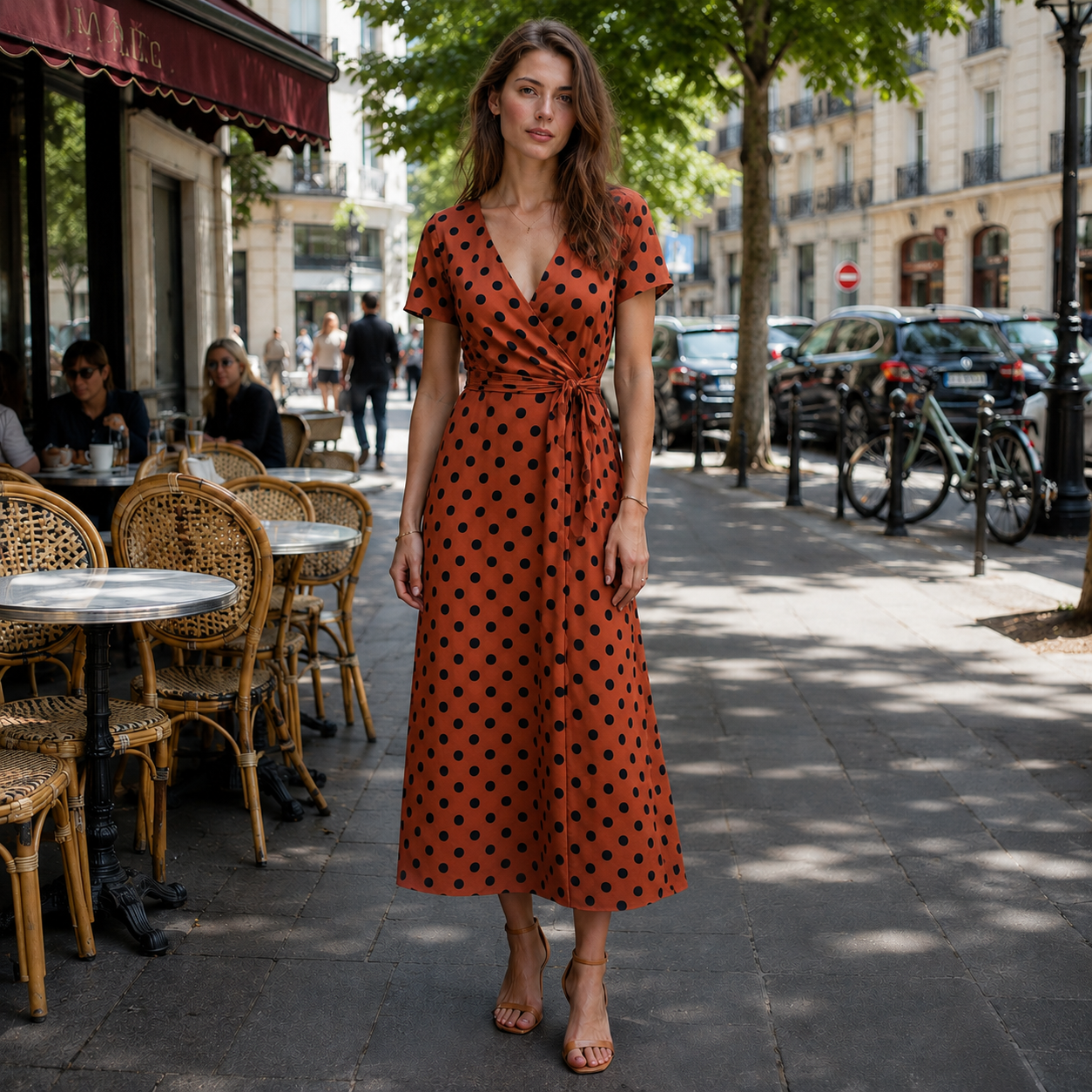 Women Polka Dot Midi Dress Tie Waist Flowy - Image 3