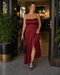 Women Satin Maxi Dress Slit Sleeveless