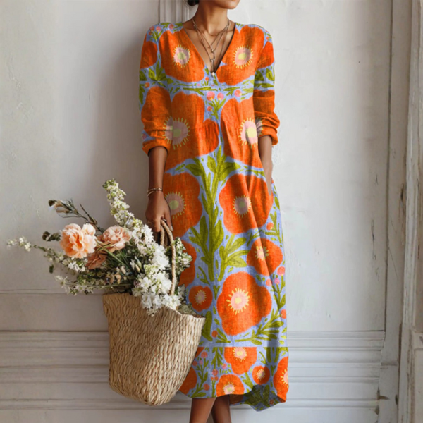 Women Floral Linen Midi Dress Relaxed Fit Vintage