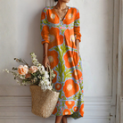 Women Floral Linen Midi Dress Relaxed Fit Vintage